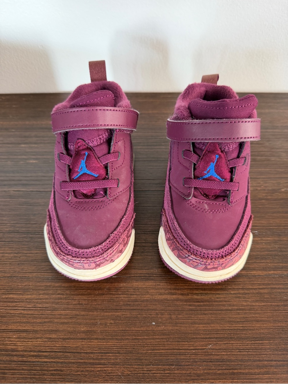 Jordan Kids' Burgundy Sneakers with Blue Jumpman Accent